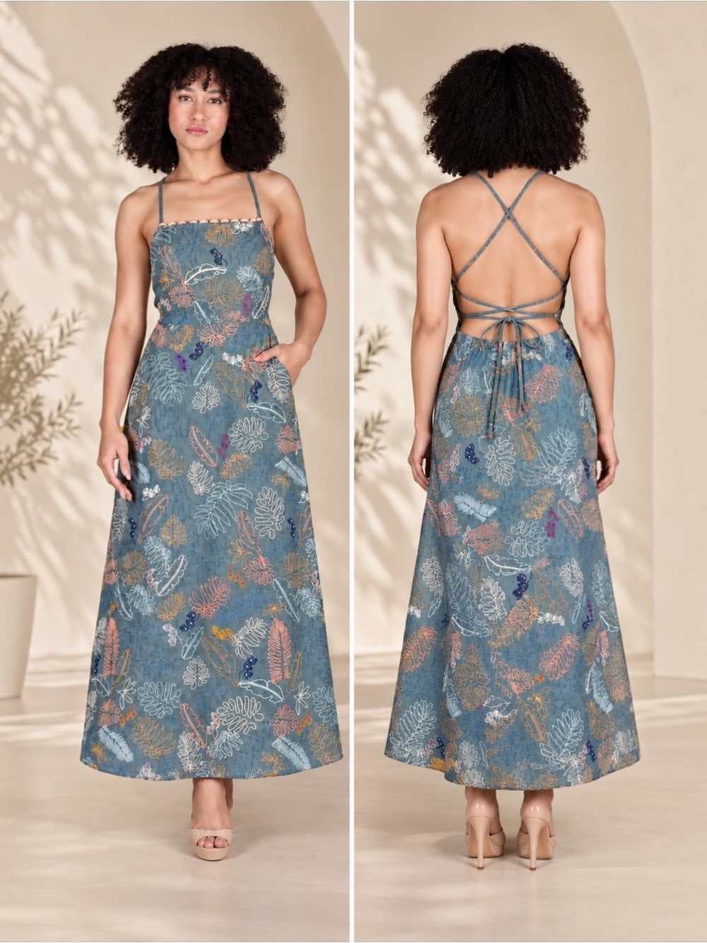 NWT Blank London Keona Embroidered Botanical Open Back Maxi Dress Small